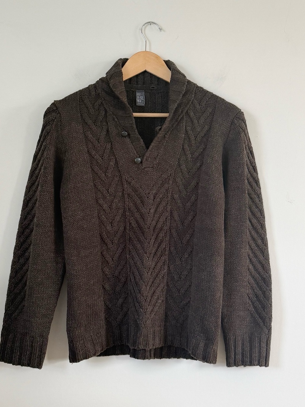 Zara Kids Brown Cable Knit Hooded Shawl Collar Sweater Detachable Hood Size 12